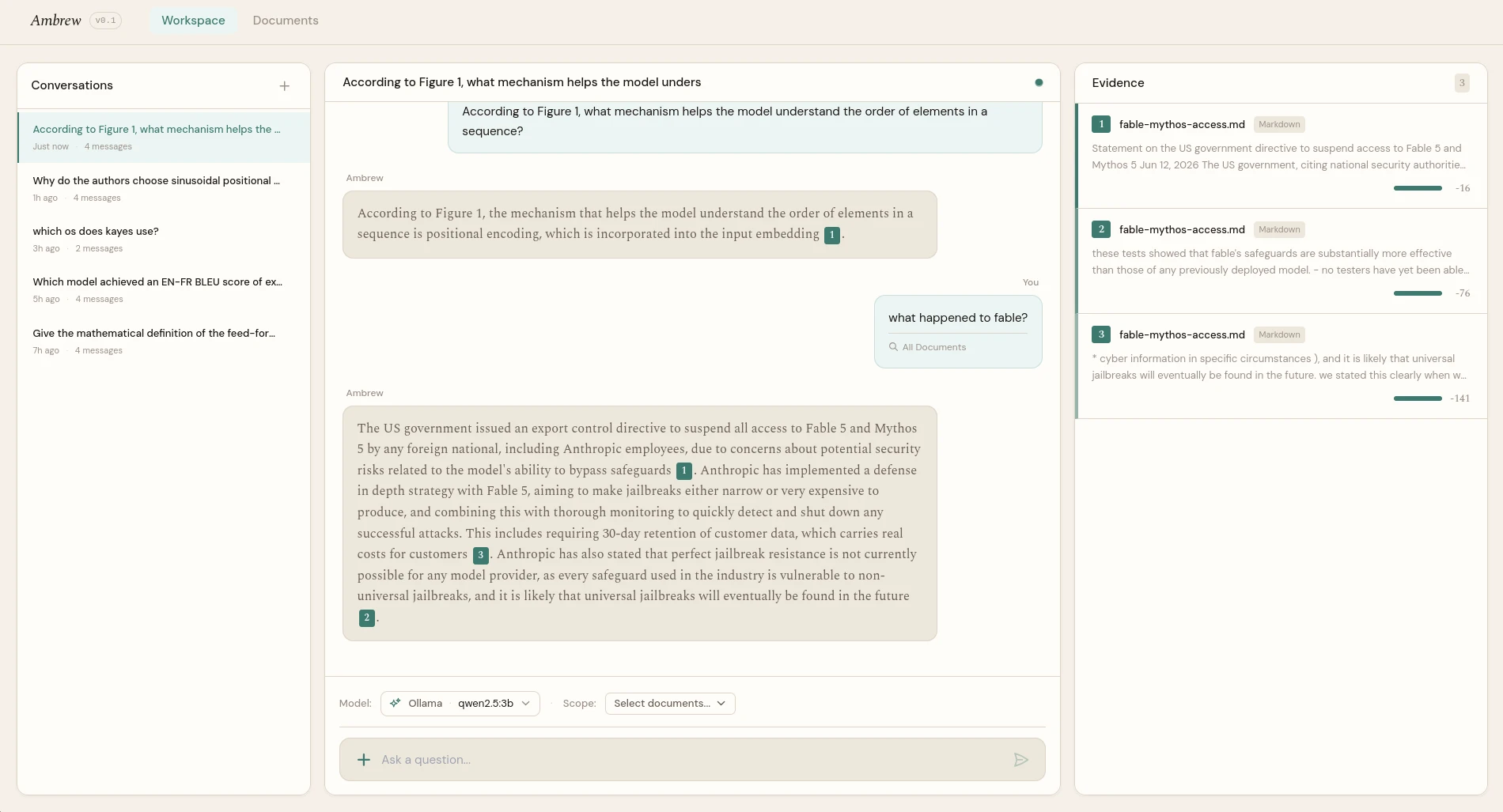 Interactive workspace with document collection, chat grounding, and relevance scores in the evidence panel